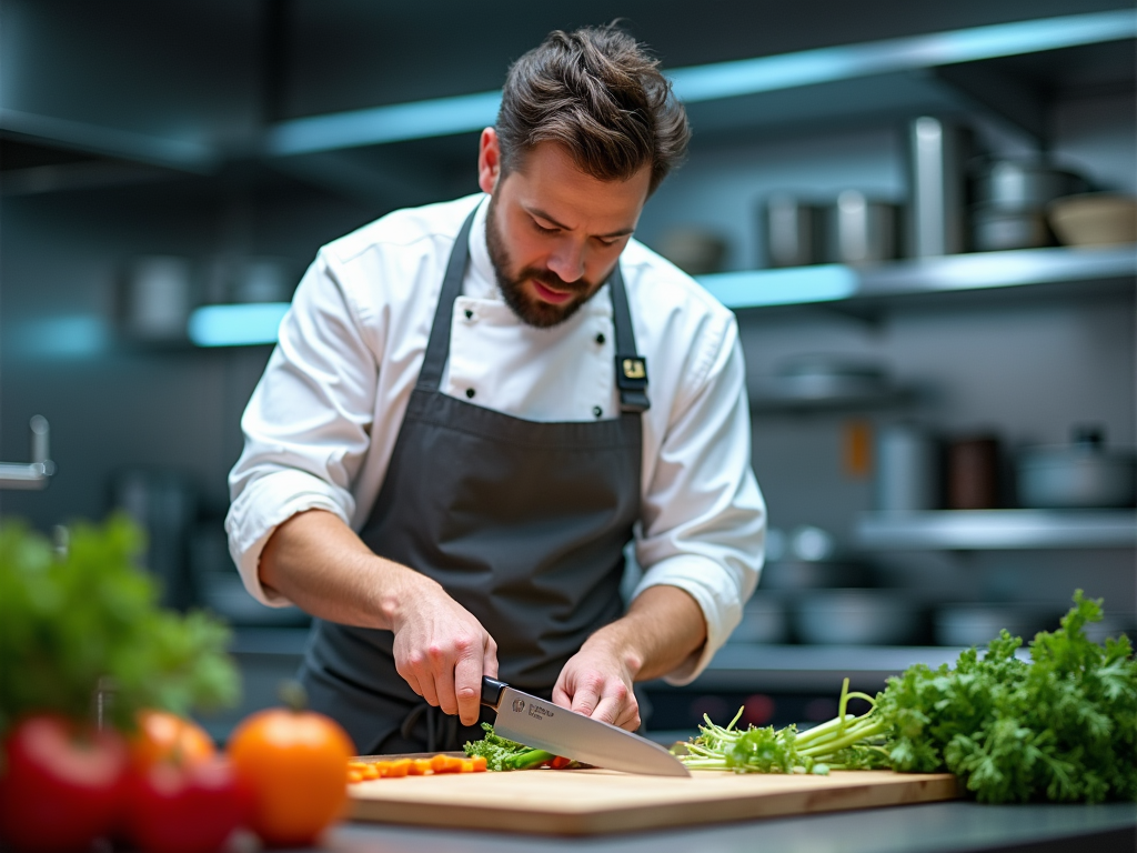 Mężczyzna, gotujący kucharz, kroi warzywa w nowoczesnej kuchni restauracyjnej.